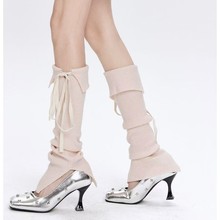 芭蕾风甜美少女薄款绑带蝴蝶结堆堆针织纯色袜套韩系百搭开叉腿套