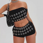 跨境欧美时尚朋克套装女哥特风鸡眼镂空一字抹胸上衣短裤两件套