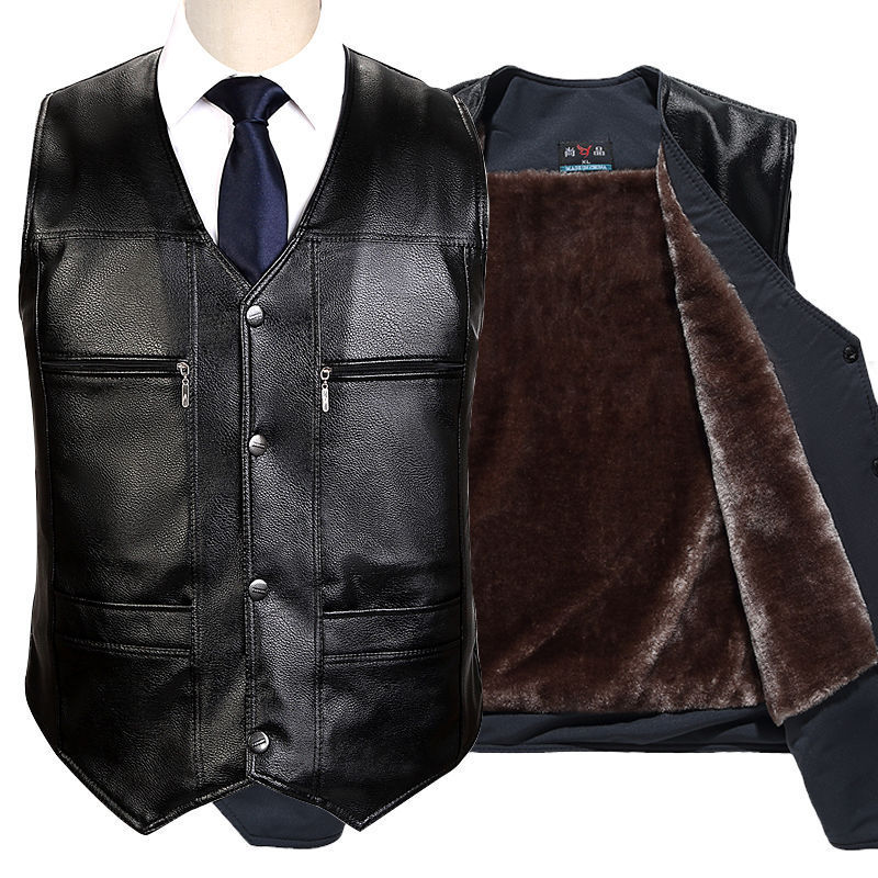 Winter Men's Fleece-lined Thickened Leather Vest for Middle-aged and Elderly Men's Dad Loose Warm Waistcoat Large Size Jacket