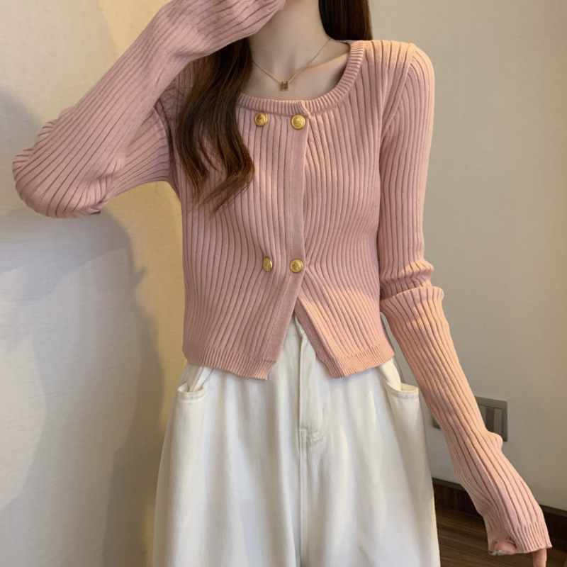 【中国直邮】茵如澜 复古方领秋冬新款小众百搭修身针织开衫 白色