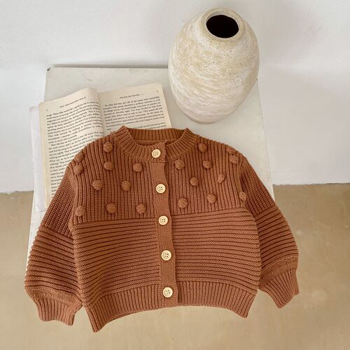  spring versatile men's and women's round neck handmade ball solid color knitted cotton long-sleeved cardigan jacket