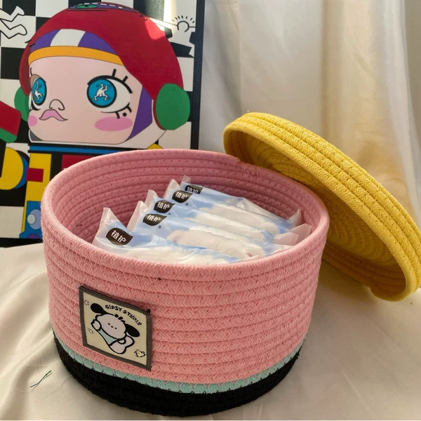 Woven storage basket, yellow cover, 21×13cm