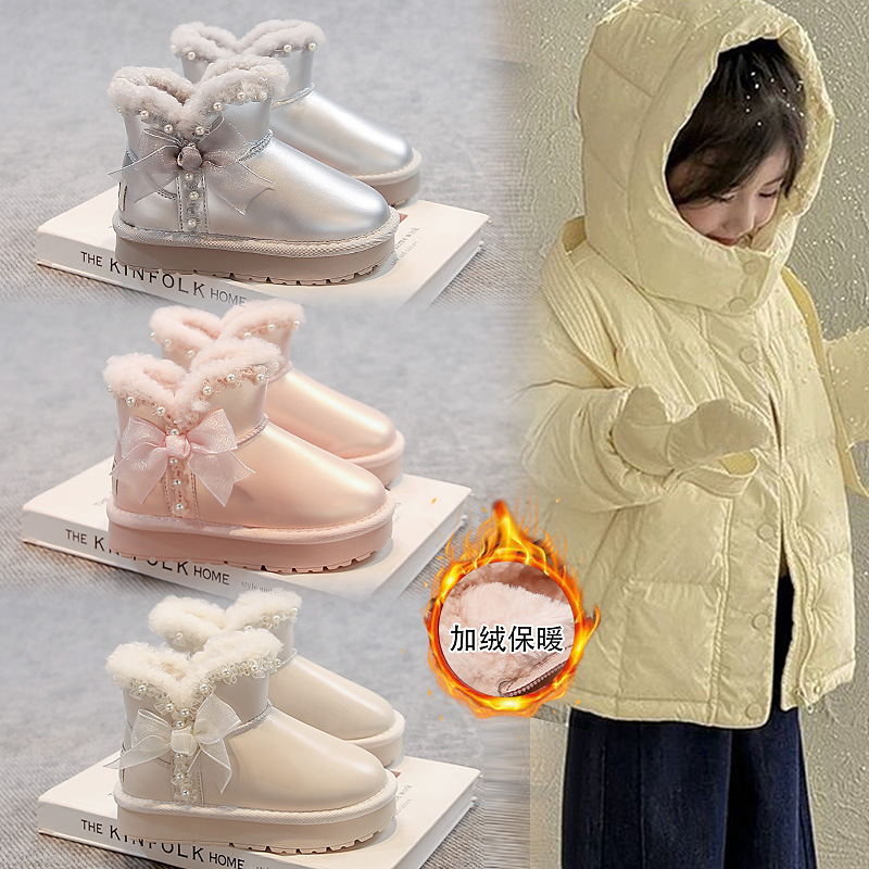 Zapatos de algodón princesa de arco de niñas para niños botas de nieve de lana de invierno 2025 nuevas niñas zapatos de algodón gruesos