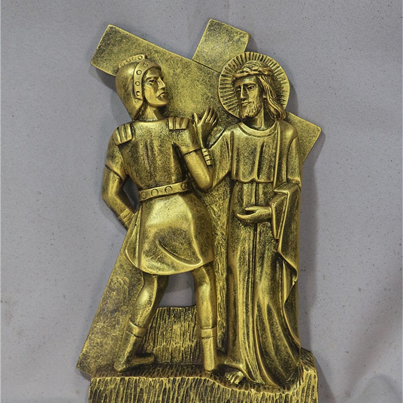 Pieza Decorativa Colgante de 22*35cm con las Catorce Estaciones de la Cruz, Decoración para Sala de Estar e Iglesia, Estatua Blanca Vintage de Imitación de Cobre