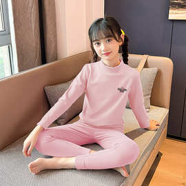 俏妮卡儿童德绒打底衫秋裤套装新款女童半高领中小童装保暖两件套