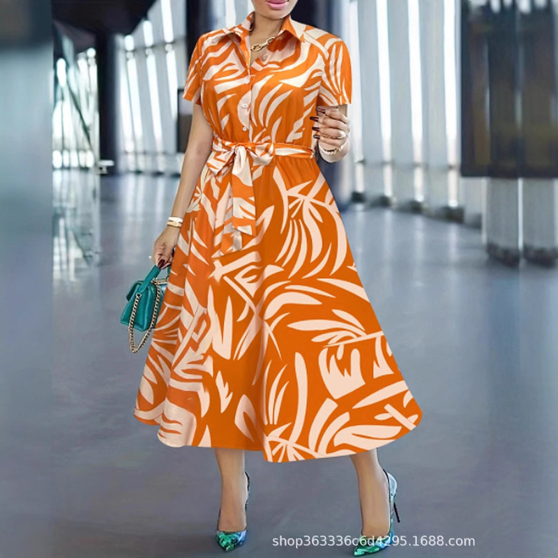Cross-border European and American Women's Summer Tropical Printed Belted Fashionable Elegant Short-sleeved Long Shirt dress