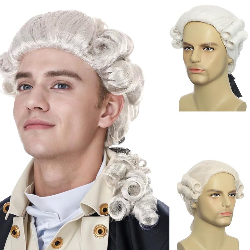 Colonial Wig Men's Long Wave White Wig Washington Halloween Judge Lawyer Cos Character Headgear