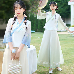 2025 Summer New Chinese Style Hanfu Tang Suit Chinese Style Button Improved Oblique Lapel Embroidered Top + Wide Leg Pants Set