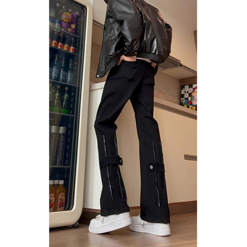 Black and Grey Straight Leg Workwear Jeans for Men - Autumn New Arrival with Zipper Design, American Vibe, Knife-Cut Slim Fit, Trendy