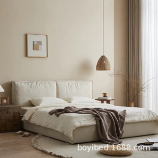 Fully Removable and Washable Linen Fabric Bed, Cream Style Tofu Block Master Bedroom Large Bed, Japanese Wabi-Sabi Natural Cotton and Linen Lazy Soft Bed