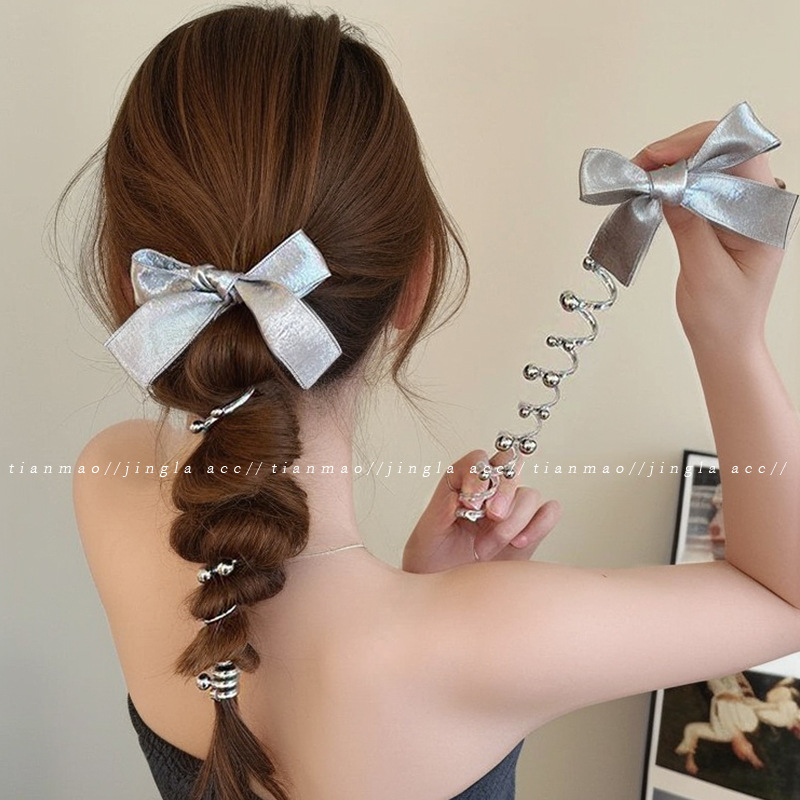 2025 nueva plata brillante cinza plateada cinta de tejido arco perlas línea telefónica anillo de cabello de mujer burbuja trenza cabello de cabello