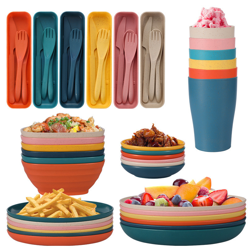 Meikeduo Tiktok Wheat Straw Plates, Bowls, Cups, 6-Person Household Knife, Fork, Spoon, Chopsticks Outdoor Tableware Set