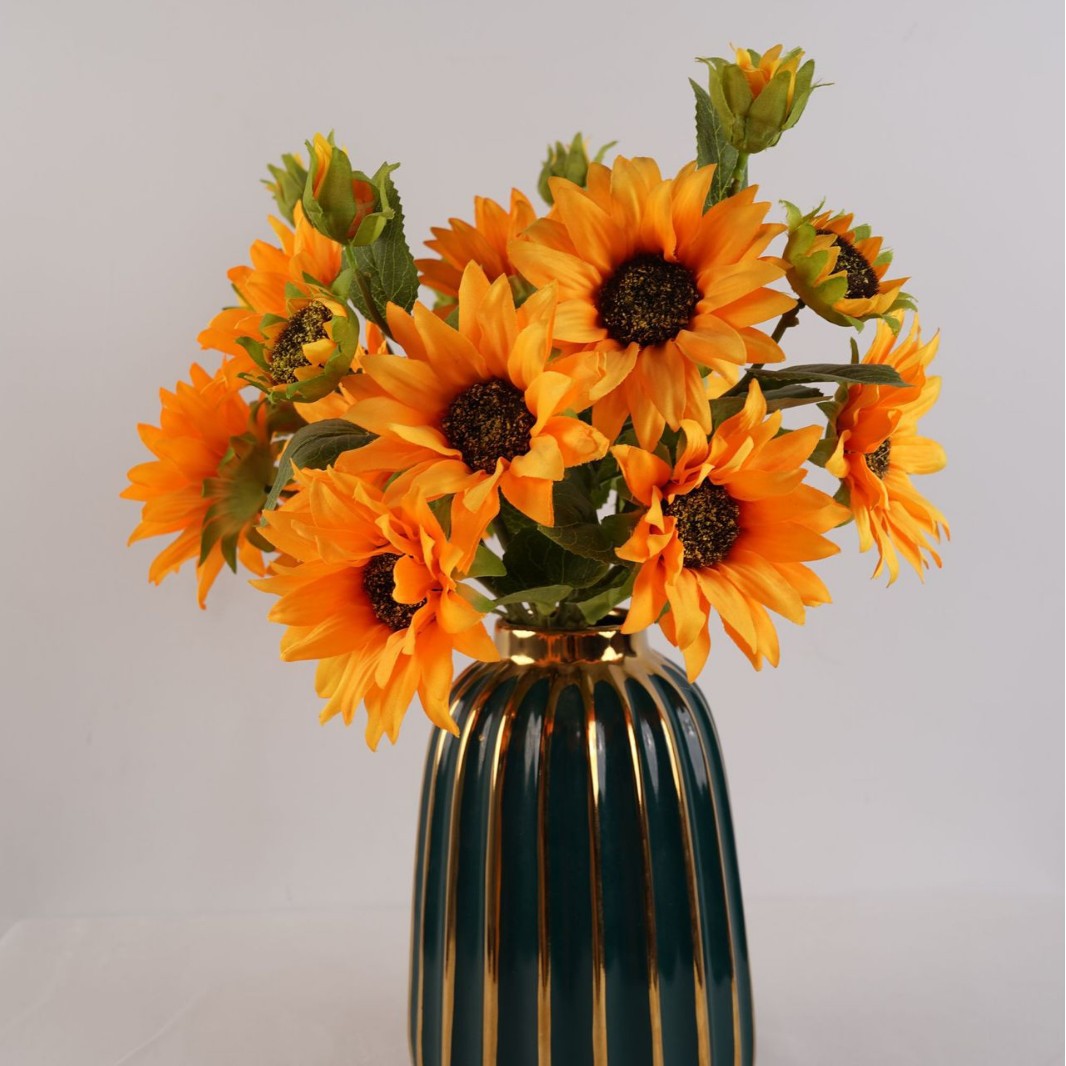 油画向日葵多头太阳花植绒杆绢花假花干花婚庆装饰花家饰仿真花