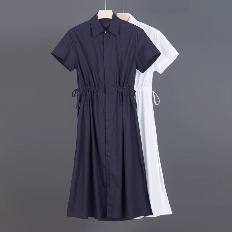2026 American Style Single Lapel Short-Sleeve Shirt Dress with Waist Tie, Mid-Length, Elegant and Suitable for Work 265-10