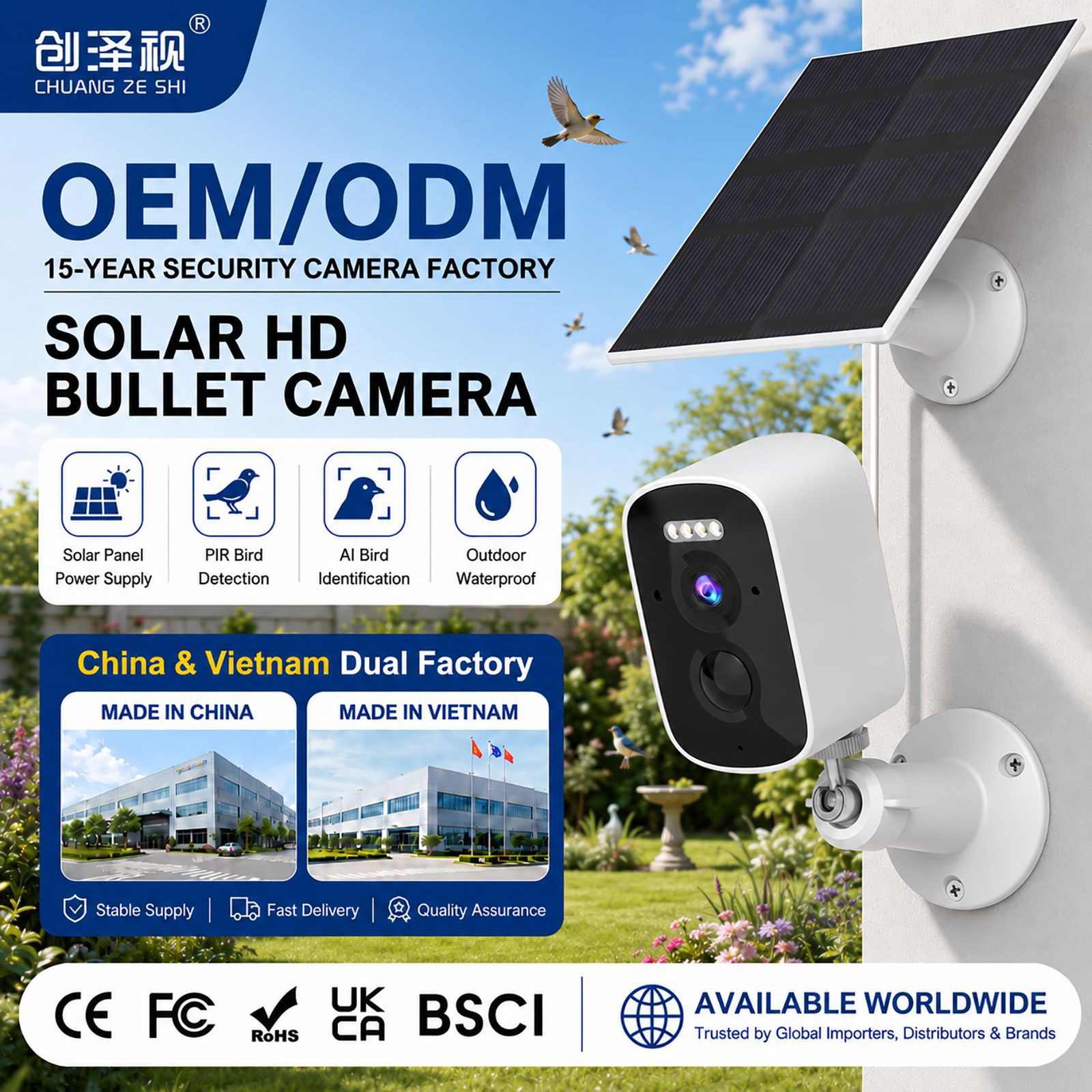 Cámara inteligente transfronteriza de 5MP para observación de aves con reconocimiento IA, monitor solar inalámbrico ICSEE de fábrica.