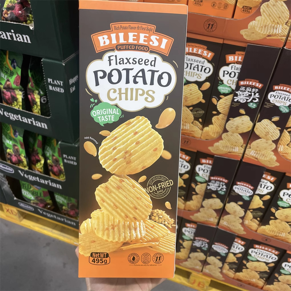 包邮bileesi亚麻籽薯片495g*12盒非油炸薯脆焙烤薯片原切休闲零食