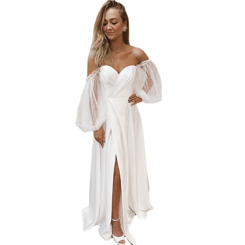 Comercio exterior europeo y americano Amazon AliExpress deseo nueva perla puff manga vestido de novia sexy tubo soporte superior personalización