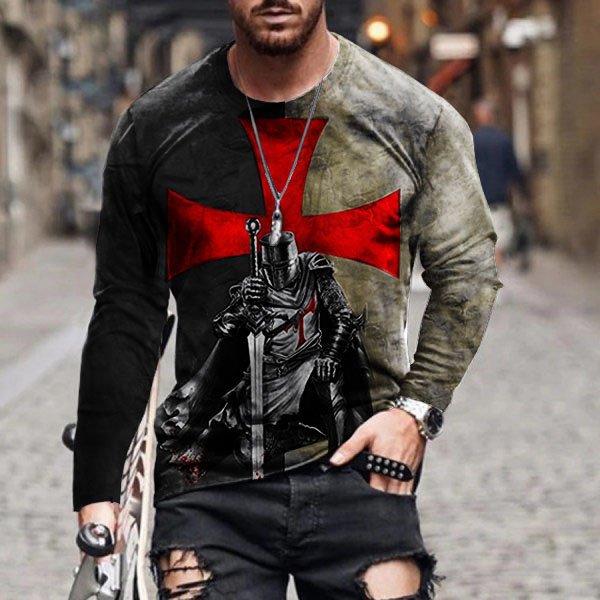 Ropa de hombre transfronteriza europea y americana AliExpress Wish Amazon nueva camiseta de manga larga con cuello redondo y estampado paladín