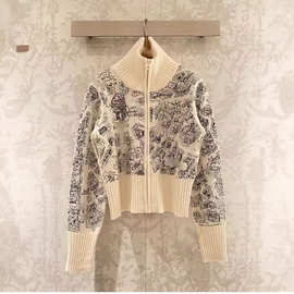 深圳南油高版重工地图刺绣立领针织开衫女24秋冬新款休闲毛衣外套