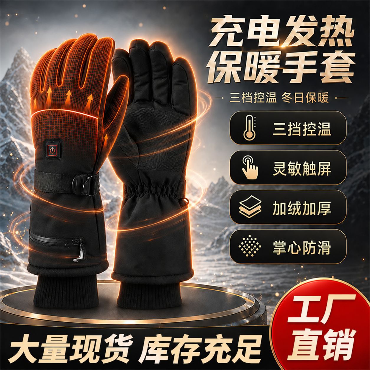 Electrically heated cycling gloves for winter warmth, rechargeable, with three-level temperature control, touch screen compatible, non-slip, thickened, suitable for outdoor skiing