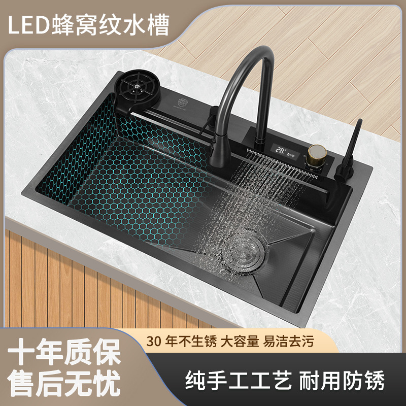 (Factory Outlet) Kitchen Nano Stainless Steel Sink Digital Faucet Household Handmade Large Single Sink Cross-border Direct Supply