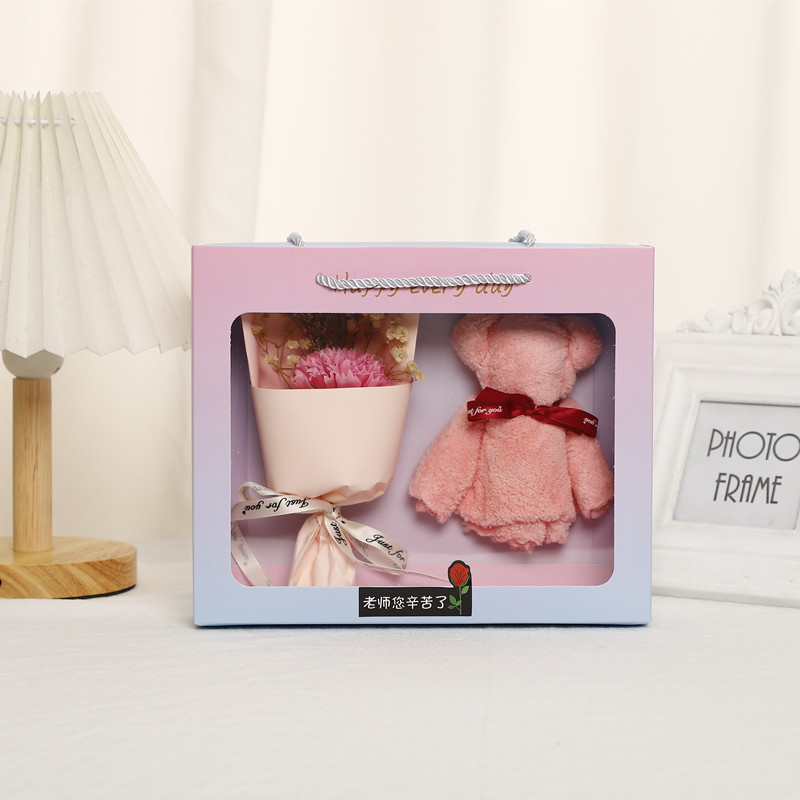 粉康乃馨花束+毛巾熊礼盒