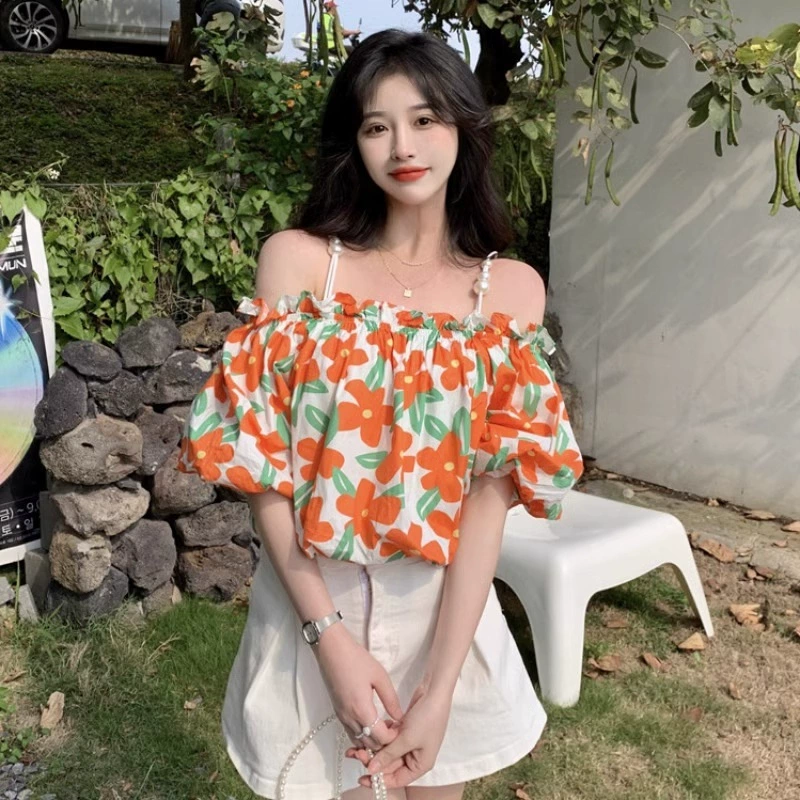 Цветочная рубашка с открытыми плечами и короткими рукавами, женская дизайнерская Чувствительная ниша, летний сладкий Топ, внешняя торговля, оптовая продажа
