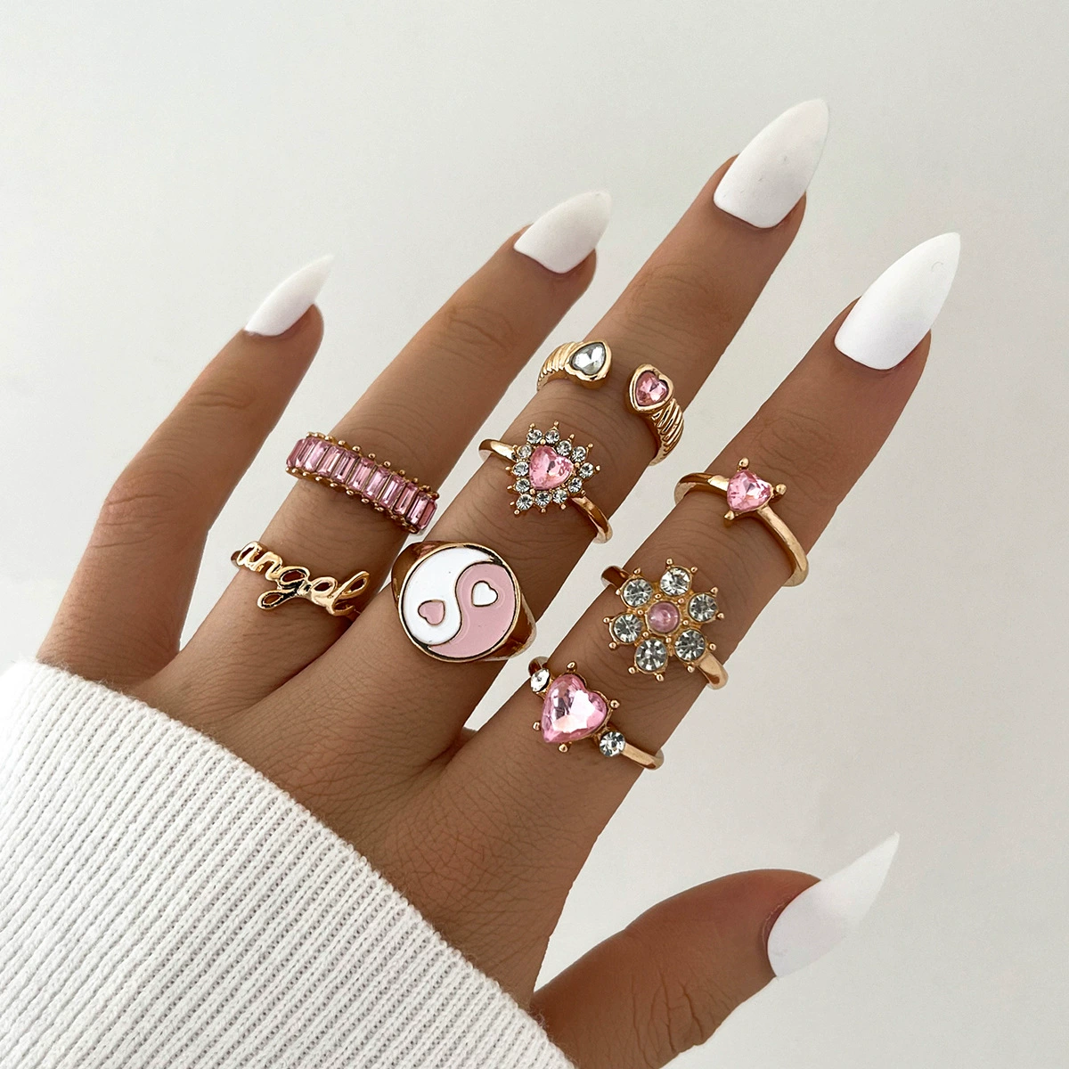 Комплект колец Pink Yinyang Floral — европейский стиль, сплав, с бриллиантами, 8 предметов