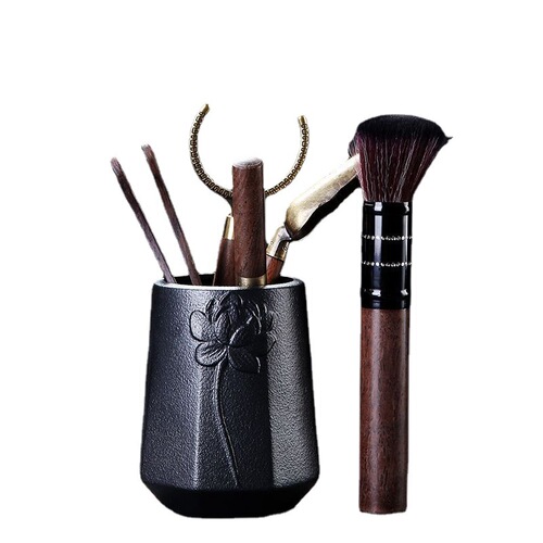Black Ebony Tea Ceremony Six Gentlemen Set: Ceramic, Sheep Fat Jade, Yixing Purple Sand, Ru Kiln Base, Black Pen Holder, Tea Tray, and Tea Utensil Accessories