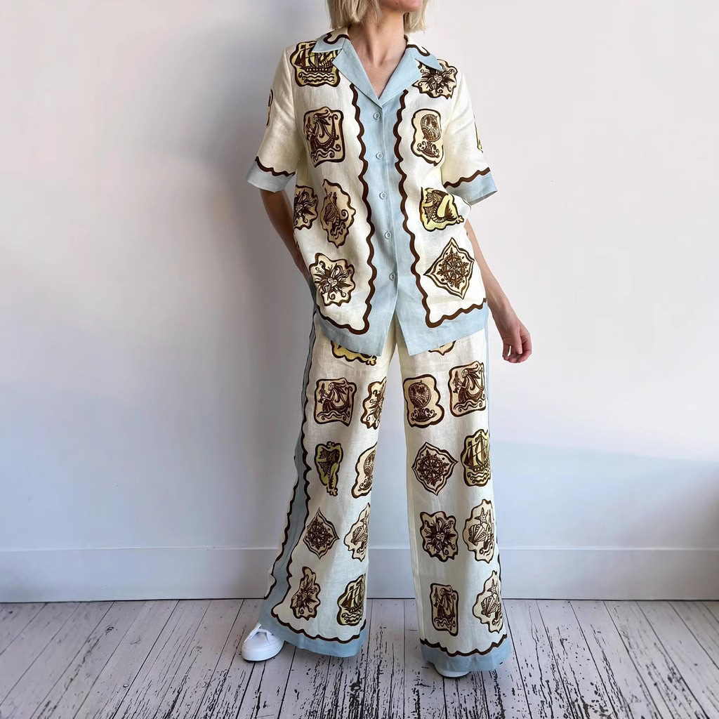 European American Cross-border 2024 New And Casual Fashion Versatile Linen With Suit Collar Shirt Set_ecoleips.com