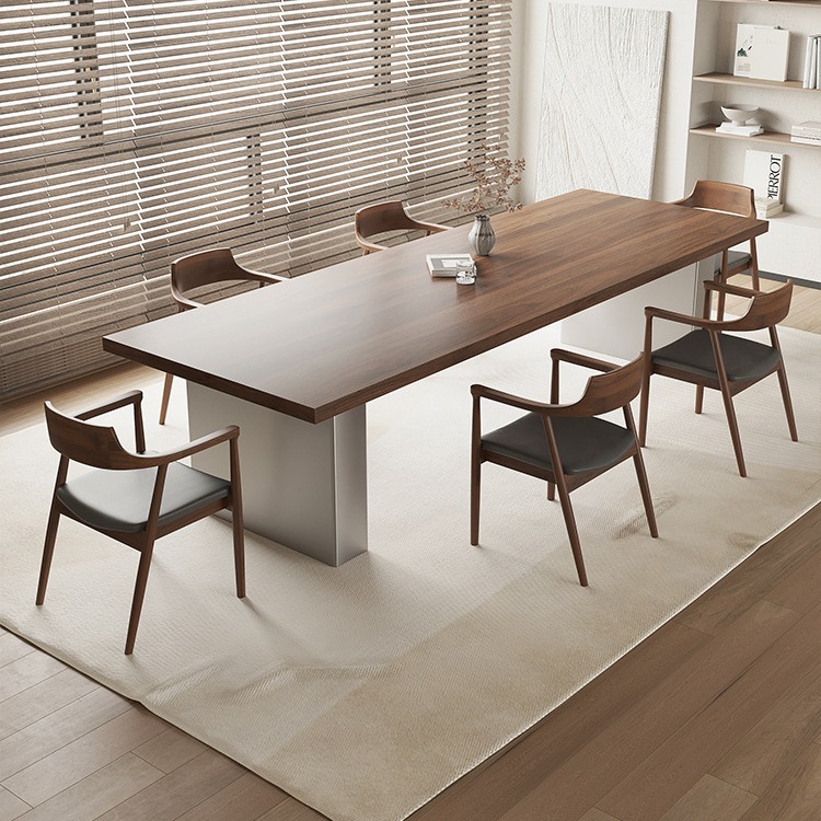 实木会议桌简约现代办公电脑桌大板小型原木长桌长条桌子胡桃木色