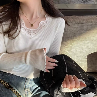 蕾丝打底针织衫女春季新款洋气内搭木耳边毛衣低领设计感小众上衣