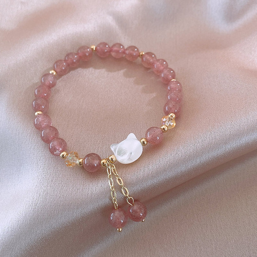 Natural Crystal Bracelet for Women, Design-Savvy Strawberry Quartz, Unique Accessory, Strawberry Quartz Morganite Bracelet with Shell Cat