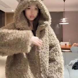咖色羊羔毛连帽外套女春秋新款韩版复古宽松加厚羊羔绒上衣潮