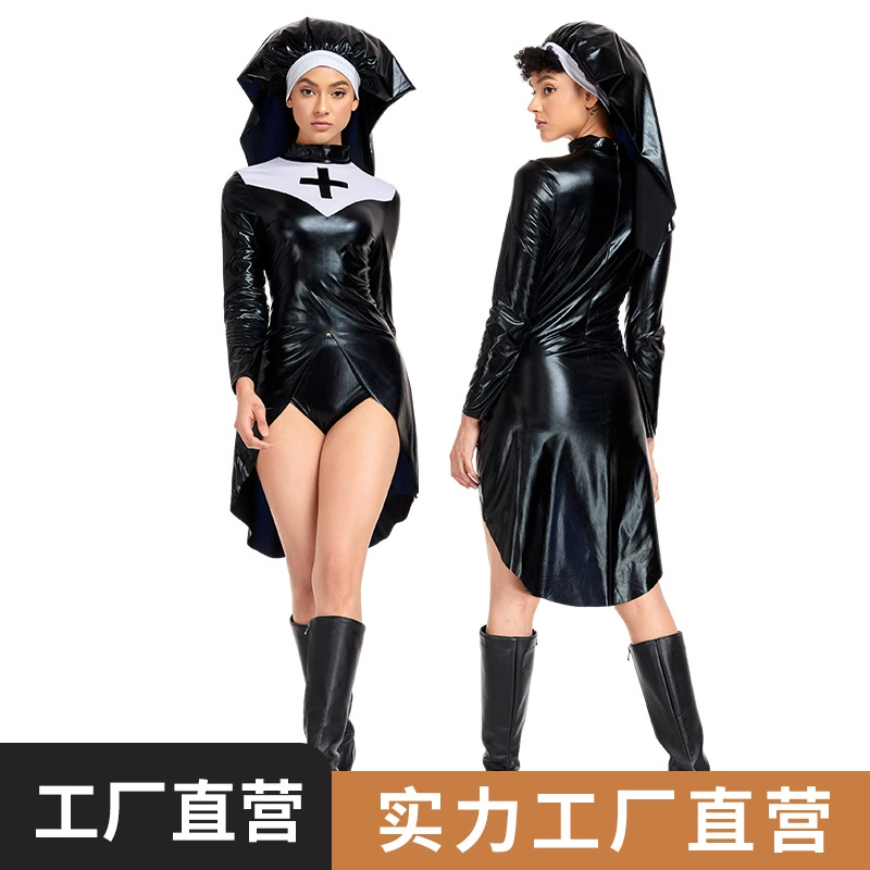 Костюм монахини для косплея, женский наряд монахини, костюм на Хэллоуин, из искусственной кожи, в стиле панк, с крестом, для взрослых женщин, трансграничная продажа