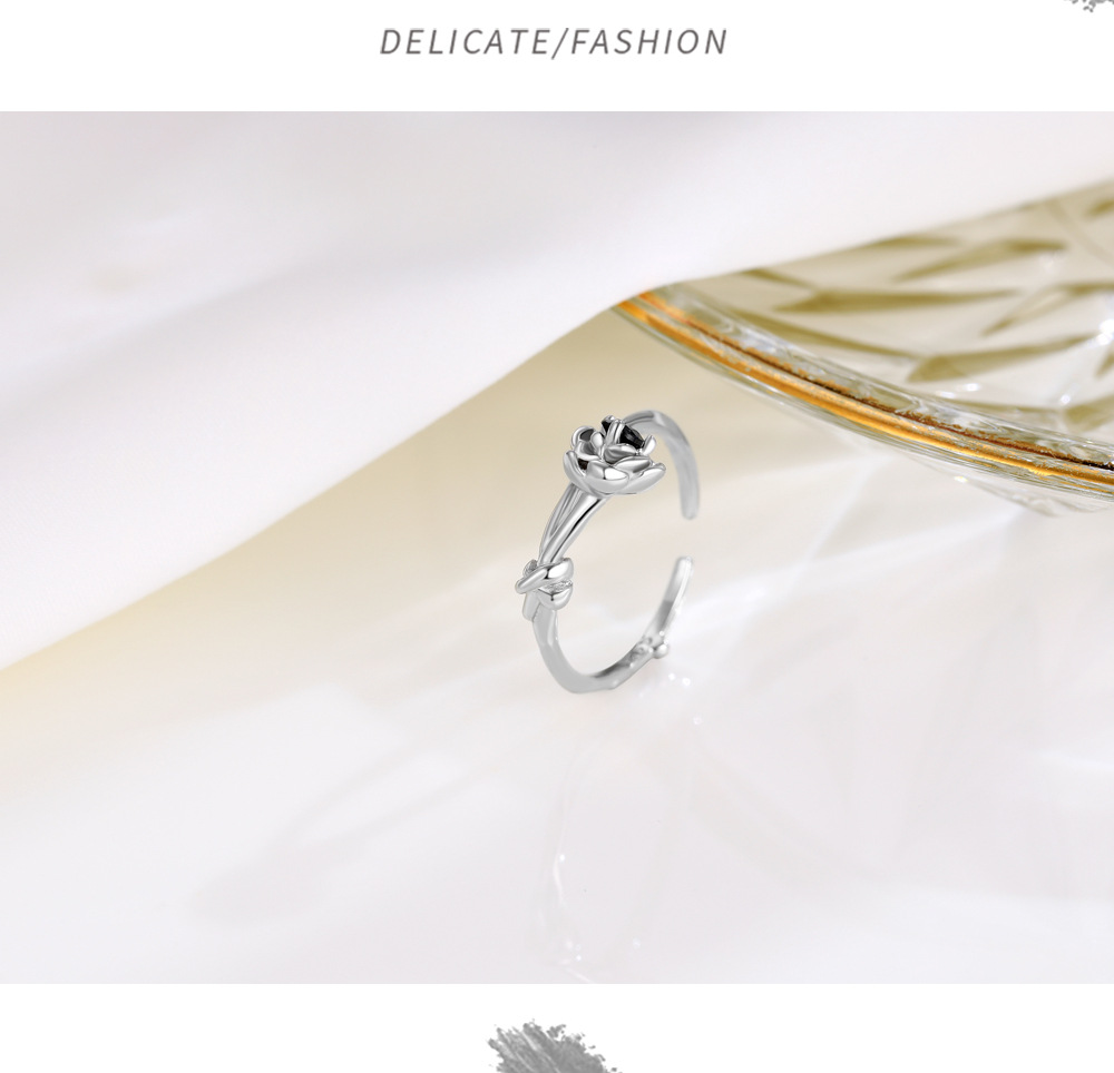 s925 Silver Black Diamond Flower Open Ring Image 4