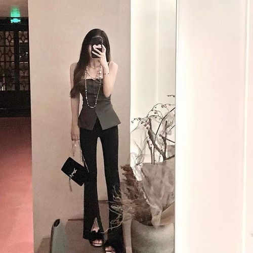 2024 New Fashion Black Suit for Women, Off-the-Shoulder, Summer Slimming, Revealing Back, Wearable, Hot Girl, High-end, Corset Style