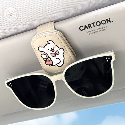 Sunglasses Car Hanging Glasses Case — Car Glasses Clip/Bill Clip - beige-shoulder-bag-line-white-dog