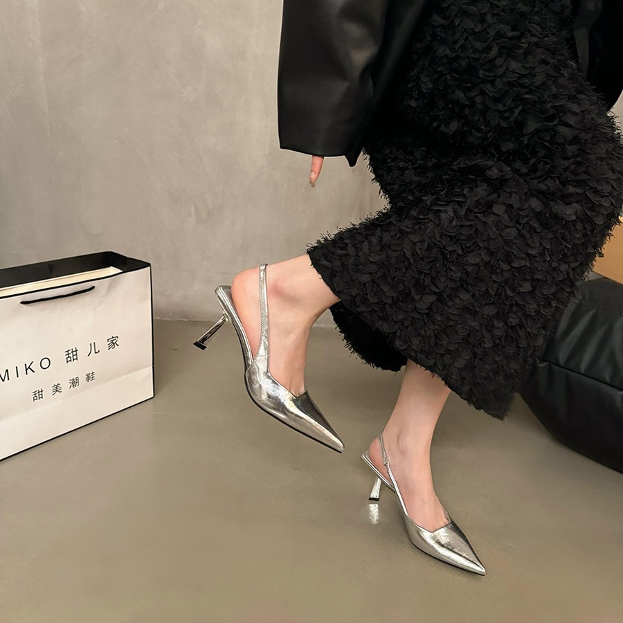 Nicho francés de alta gama, sandalias plateadas de baotou, zapatos femeninos, primavera y verano 2024, temperamento de celebridades, tacones altos, zapatos individuales