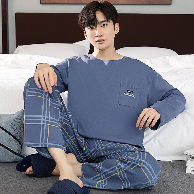 2024 가을과 겨울 남성 홈웨어 세트 긴 소매 바지 라운드 넥 풀오버 코튼 파자마는 캐주얼 입을 수 있습니다.