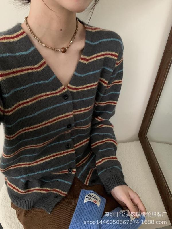 琪镌绘制针织开衫女外搭早秋款韩系穿搭条纹撞色上衣毛衣外套7029|undefined