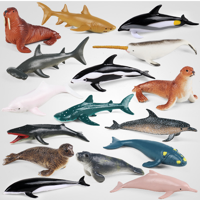 认知早教迷你海洋生物模型套装仿真动物鲨鱼海豚海象鲸鱼章鱼海龟