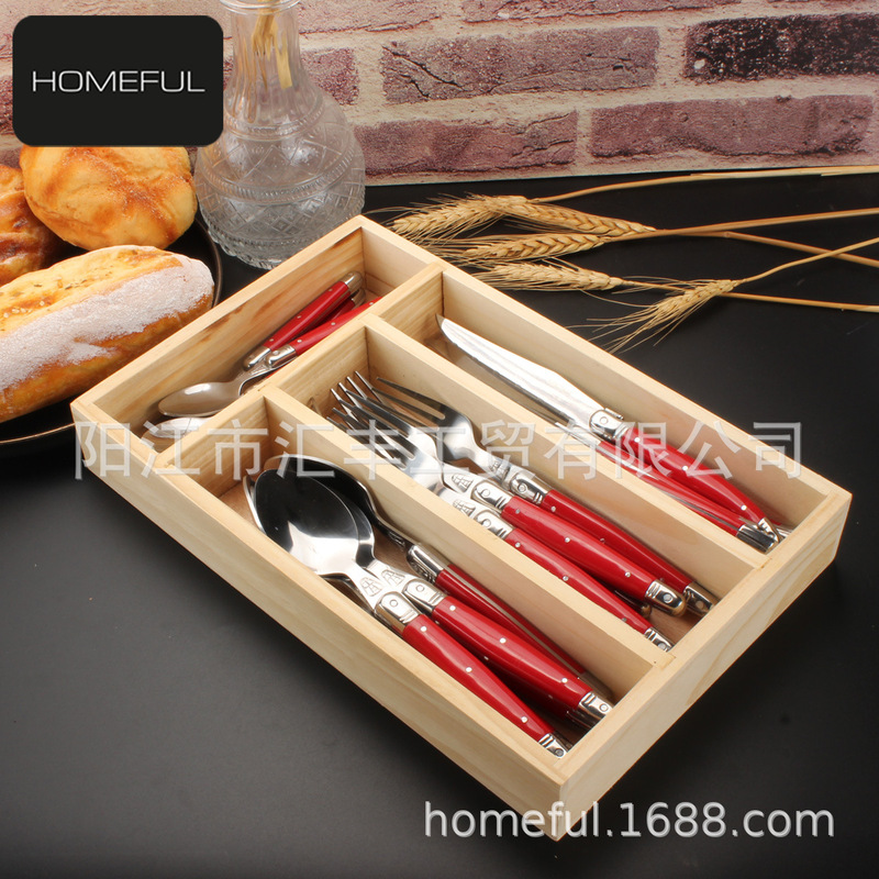 French Raggiolo Bee 24-Piece Steak Knife, Fork, and Spoon Set with Red Handle Stainless Steel Western-Style Cutlery in a Wooden Box French Raggiolo Bee 24-Piece Steak Knife, Fork, and Spoon Set with Red Handle Stainless Steel Western-Style Cutlery in a Wooden Box