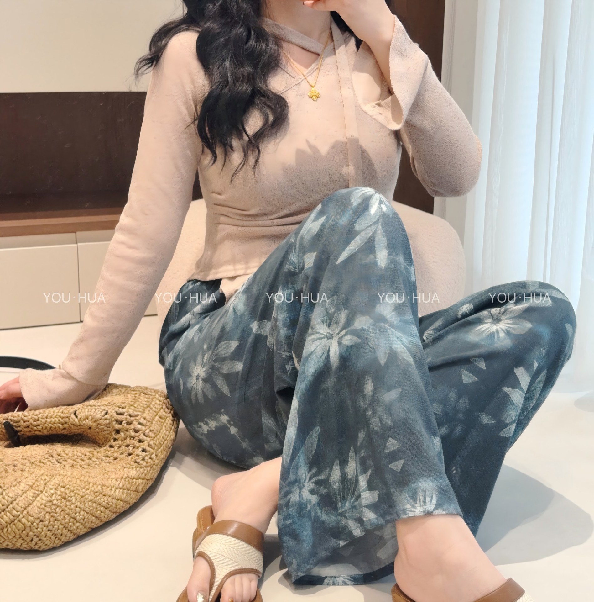 Pantalones de pijama de seda de algodón Pantalones de pierna ancha de seda de algodón fino para mujer