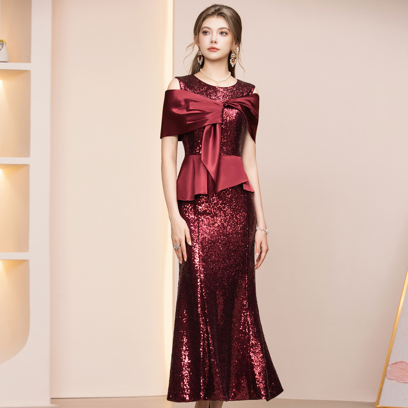 Zhili Red Dress 2026 Summer New Style Formal Occasion Sequin Patchwork Long Fishtail Skirt Light Gown Zhili Red Dress 2026 Summer New Style Formal Occasion Sequin Patchwork Long Fishtail Skirt Light Gown