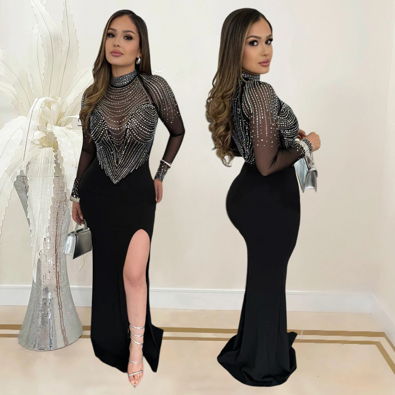 C7016 AliExpress transfronterizo Amazon estación independiente de moda europea y americana ropa de mujer de malla de diamante caliente vestido vestido largo nuevo