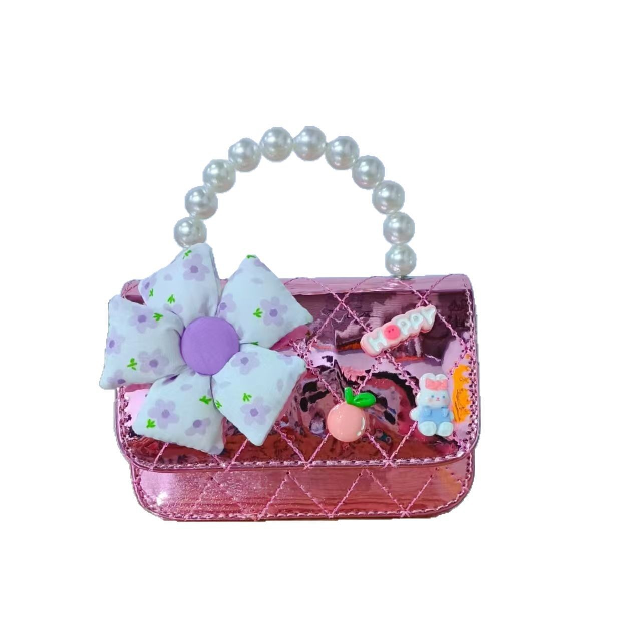 Bolso de perla para niña, bolso de mensajero, monedero para niña, flor de fragancia láser, bolso para niños, cadena, bolso cuadrado pequeño