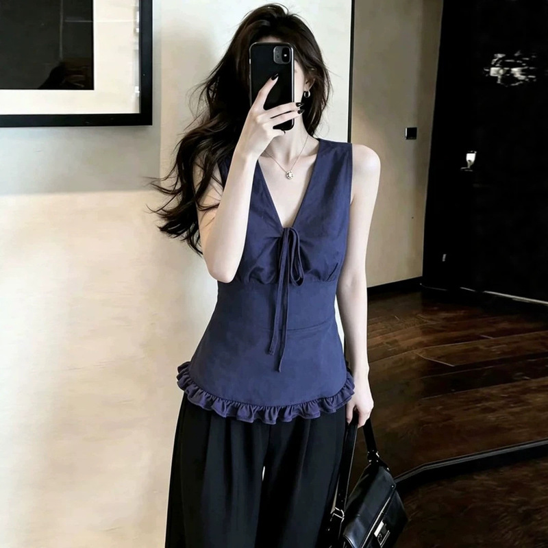 Korean-Style Spicy Girl Outfit: Ruffled V-Neck Dark Blue Crop Top for Women, Summer Slim-Fit Tie-Up Design Tank Top Korean-Style Spicy Girl Outfit: Ruffled V-Neck Dark Blue Crop Top for Women, Summer Slim-Fit Tie-Up Design Tank Top