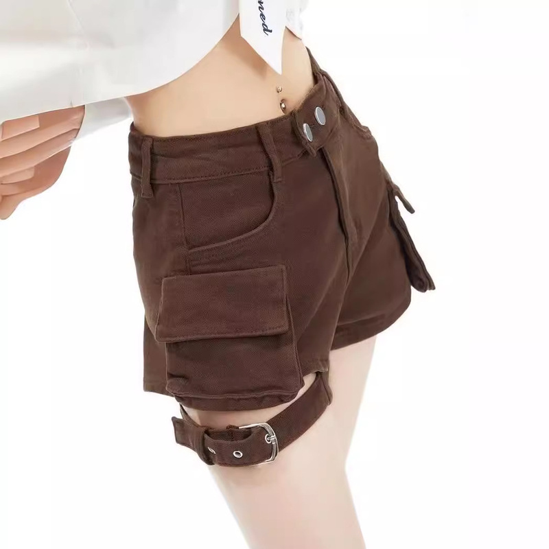 Vintage Stretch High Waist Tooling Denim Shorts Women's Summer Small American Style Big Pocket A- Word Hot Hot Pants