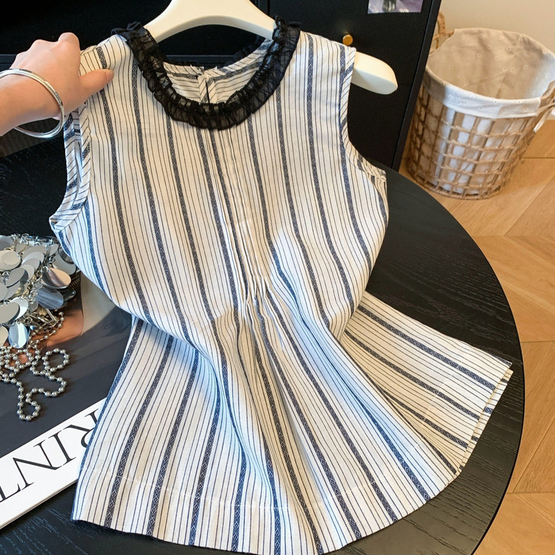 French-Style Ruffled Round-Neck Striped Sleeveless Shirt for Women, Summer 2026 New Loose-Fitting Youthful Top Tank Top
